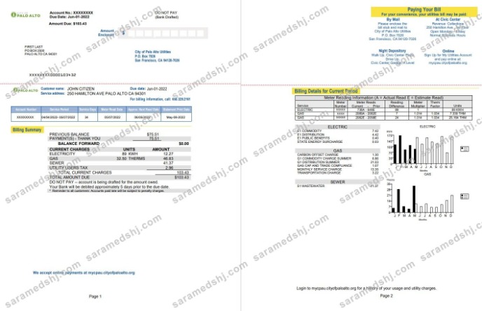 USA California Palo Alto utility bill, Word and PDF template, 2 pages